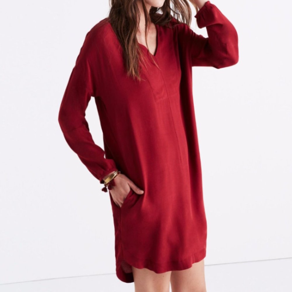 Madewell Du Jour 3/4 Sleeve Tunic Dress in Bright Garnet, Size XS